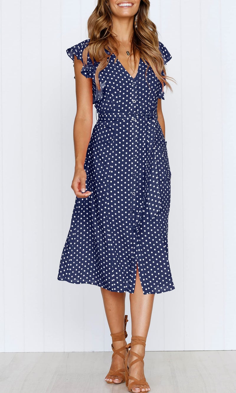 MITILLY Women's Boho Polka Dot Flutter Short Sleeve V Neck Button Down Swing Midi Dress with Pockets Small Dark Blue - Image 2